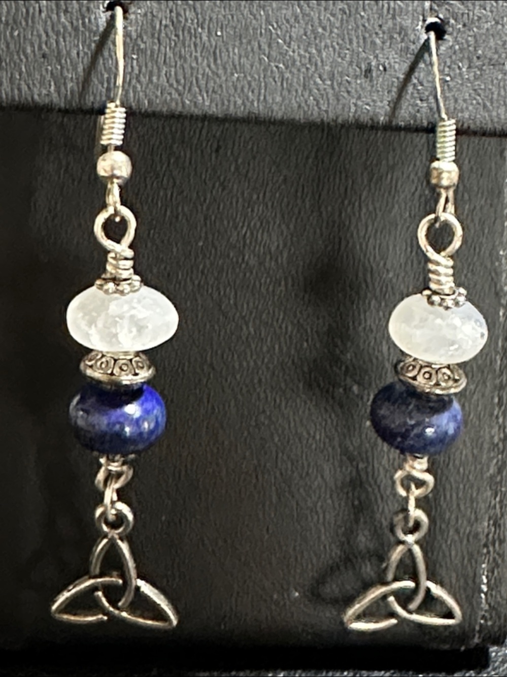 Blue & White Gem Stone Celtic Trinity Knot 925 Wire Back Dangle Earrings